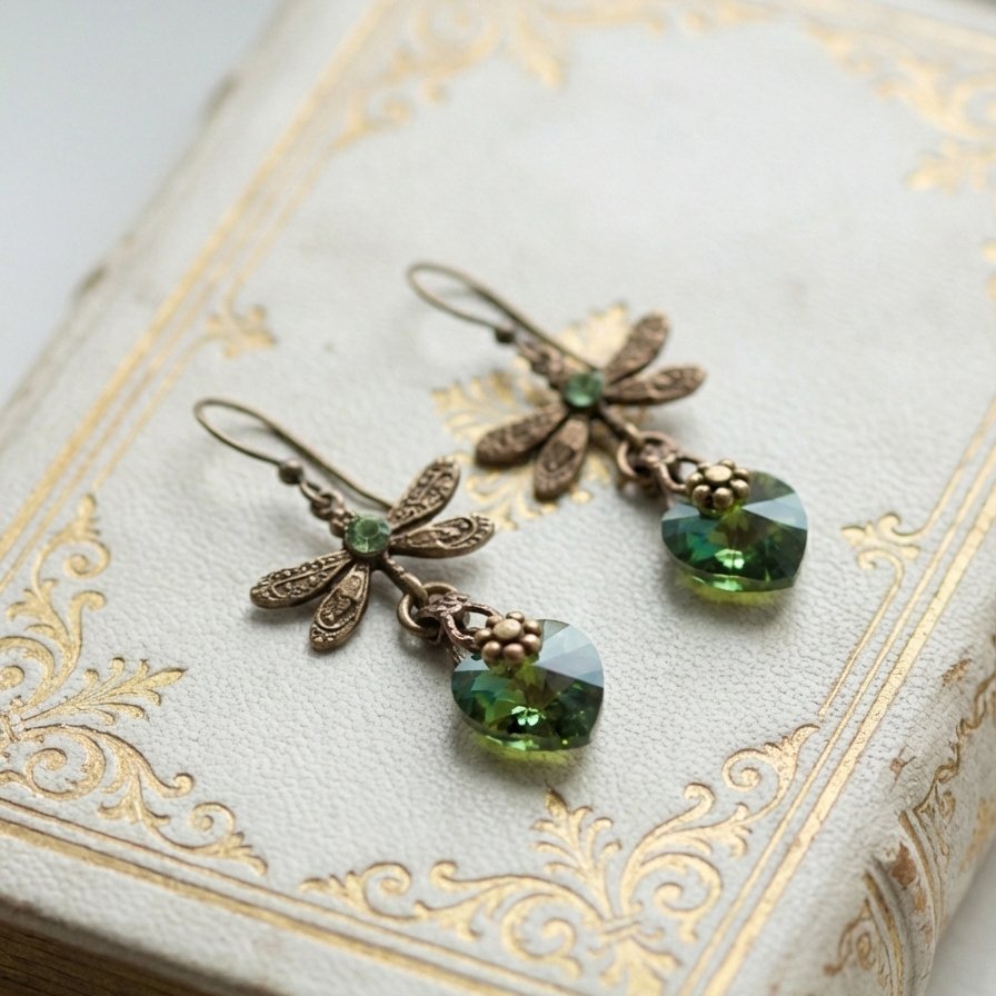 Vintažiniai rankų darbo auskarai „Green Hearts“ - Image 3