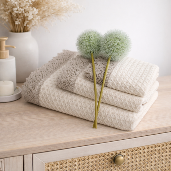 Medvilnės ir lino rankšluoštis su nėriniais