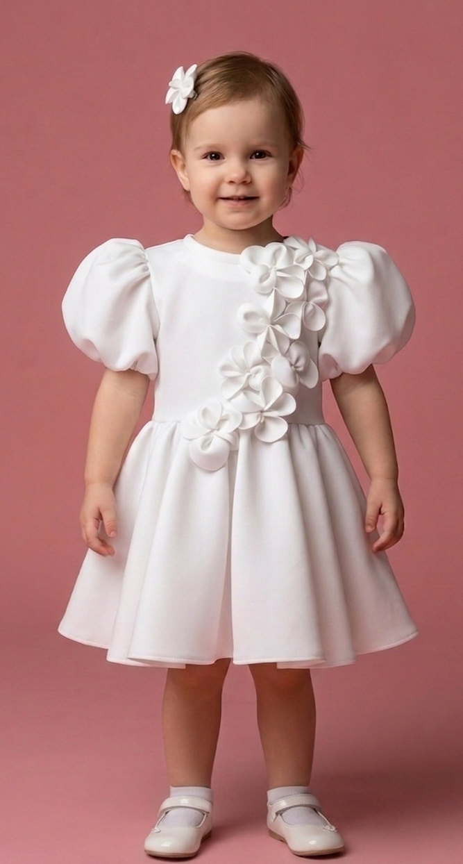 Puošni, balta suknelė mergaitei su gėlėmis - Image 4
